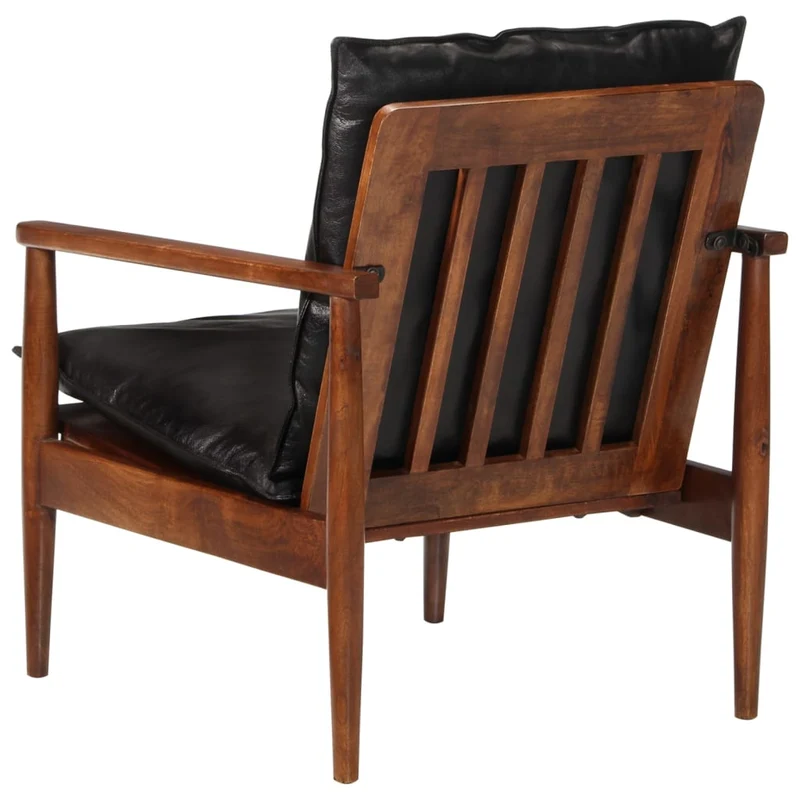 Fauteuil lounge design et moderne noir cuir véritable et bois d'acacia solide noir DEC028654