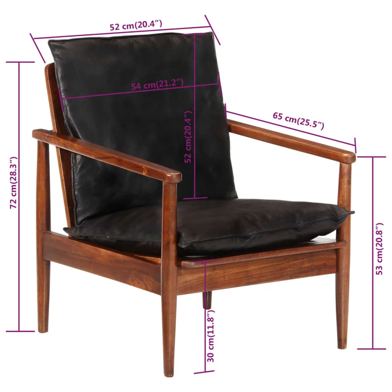 Fauteuil lounge design et moderne noir cuir véritable et bois d'acacia solide noir DEC028654