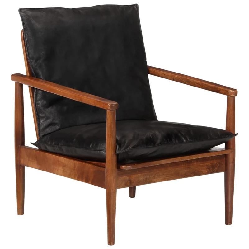 Fauteuil lounge design et moderne noir cuir véritable et bois d'acacia solide noir DEC028654