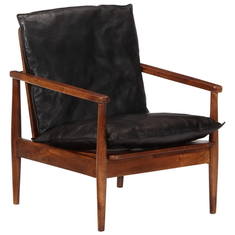 Fauteuil lounge design et moderne noir cuir véritable et bois d'acacia solide noir DEC028654