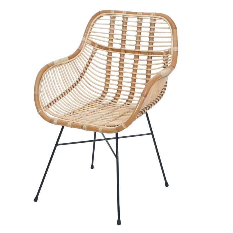 Chaise de salle à manger en rotin Kubu naturel avec coussin marron avec accoudoirs et structure métal style naturel bohème 04_0009155