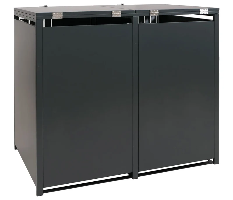 Cache-poubelles extérieur pour 2 bacs 80 à 240 L en acier anthracite abri poubelles avec couvercles portes verrouillables et vérins à gaz 132 x 84 x 122 cm 04_0009349
