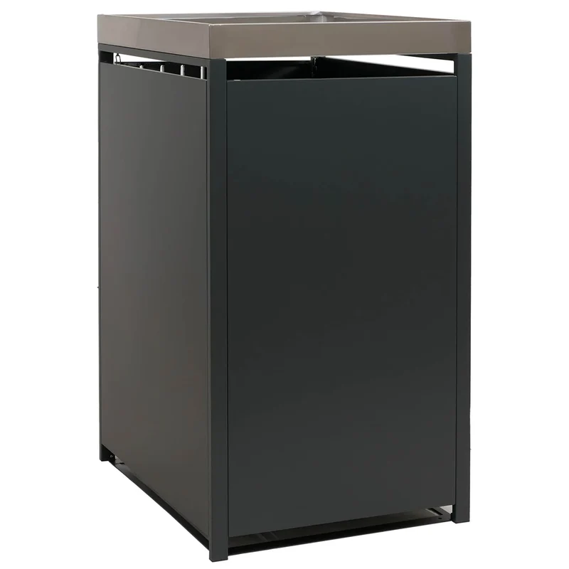 Cache-poubelle extérieur avec bac à plantes pour 1 bac 80 à 240 L abri poubelle en acier anthracite effet bois foncé 68 x 84 x 125 cm 04_0009338