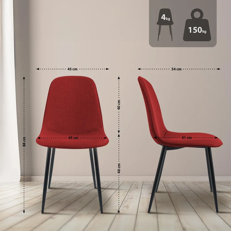 Chaise de salle à manger cuisine x1 design moderne en tissu rouge cadre en métal noir 10_0007165