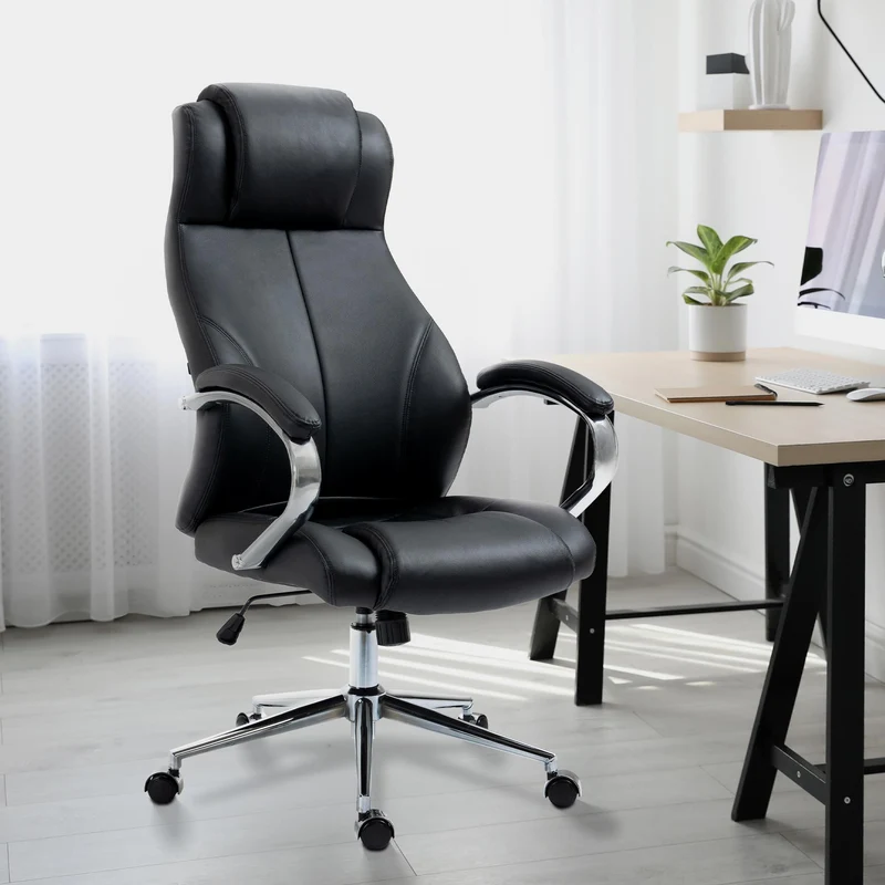 Fauteuil de bureau sur roulettes avec accoudoirs forme ergonomique en véritable cuir noir et métal chromé 10_0002642