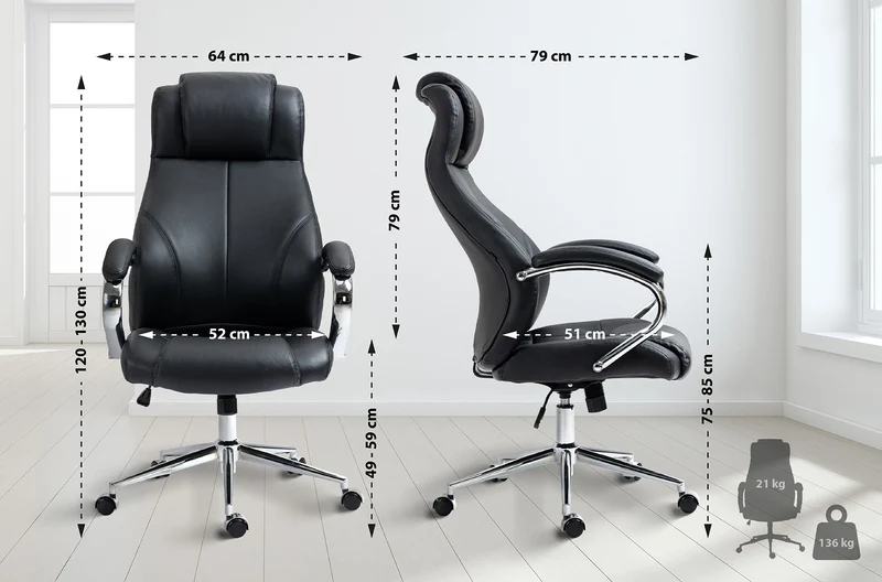 Fauteuil de bureau sur roulettes avec accoudoirs forme ergonomique en véritable cuir noir et métal chromé 10_0002642
