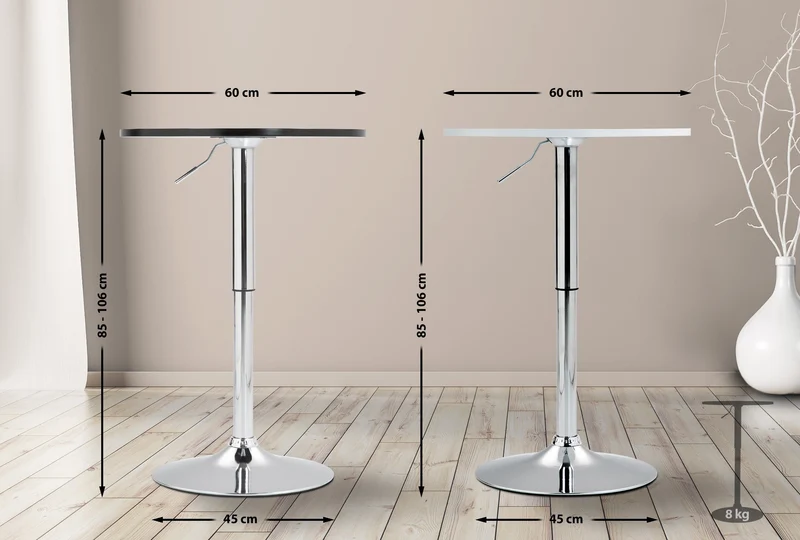 Table haute réglable en hauteur 85-106 cm plateau noir Ø60 cm piètement métal chromé style moderne 10_0009199