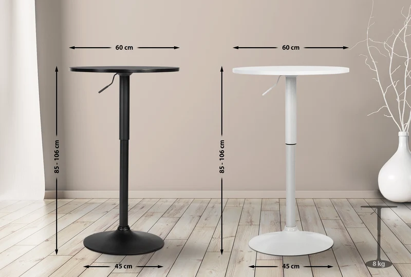 Table haute réglable en hauteur 85-106 cm plateau blanc Ø60 cm piètement métal blanc style moderne 10_0009138