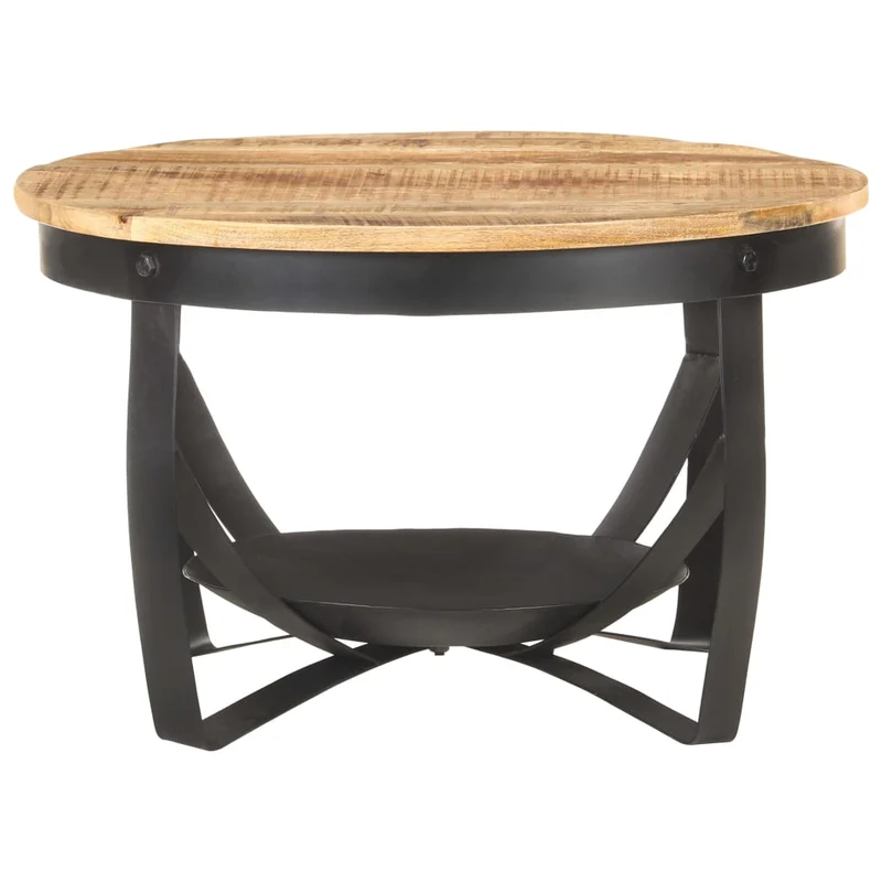 Table basse style industriel rustique Ø68 x 43 cm bois de manguier brut et fer DEC040234
