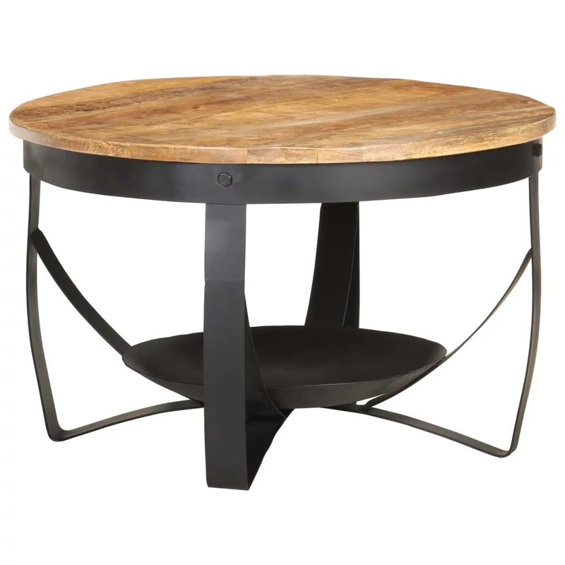 Table basse style industriel rustique Ø68 x 43 cm bois de manguier brut et fer DEC040234
