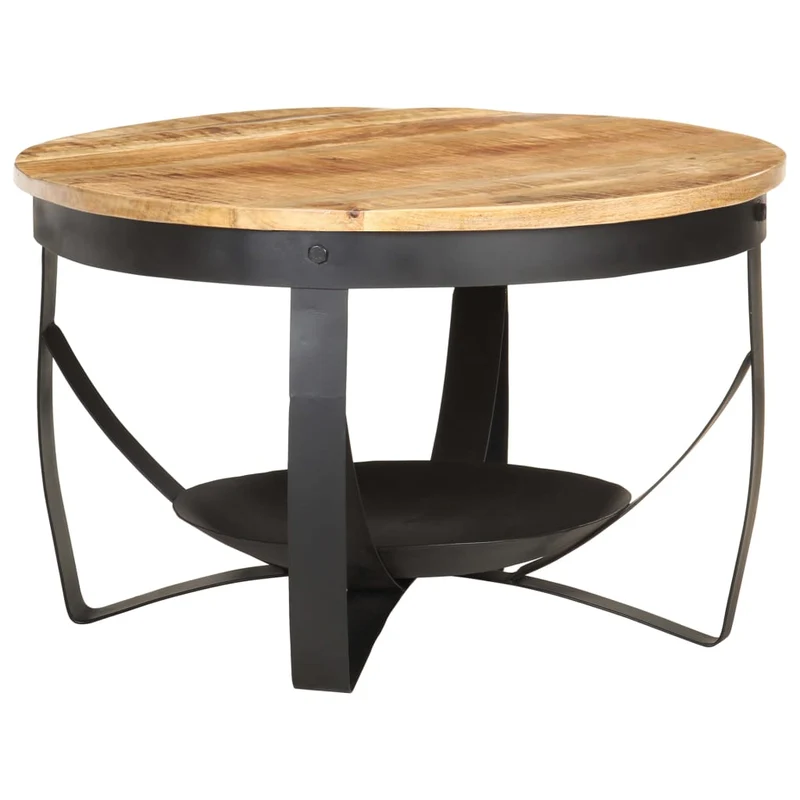 Table basse style industriel rustique Ø68 x 43 cm bois de manguier brut et fer DEC040234