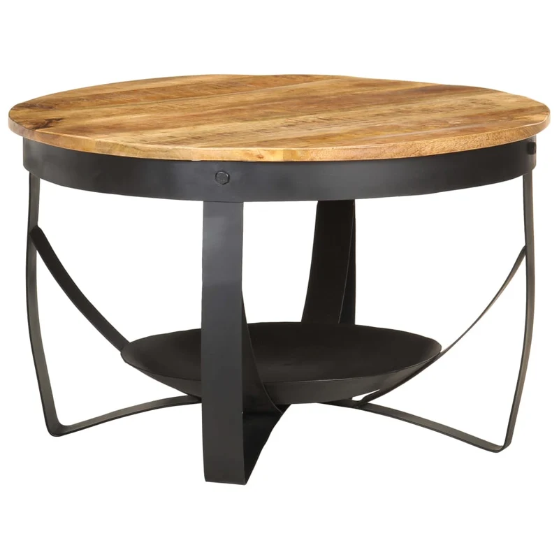 Table basse style industriel rustique Ø68 x 43 cm bois de manguier brut et fer DEC040234