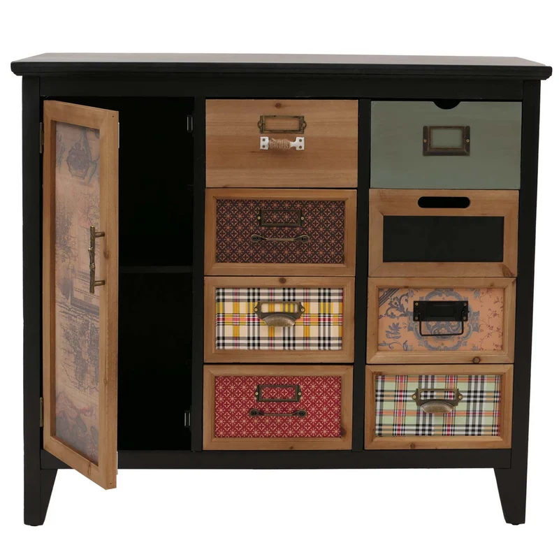 Commode style apothicaire meuble à tiroirs avec porte décorative bois 80x91x40 cm 04_0009116