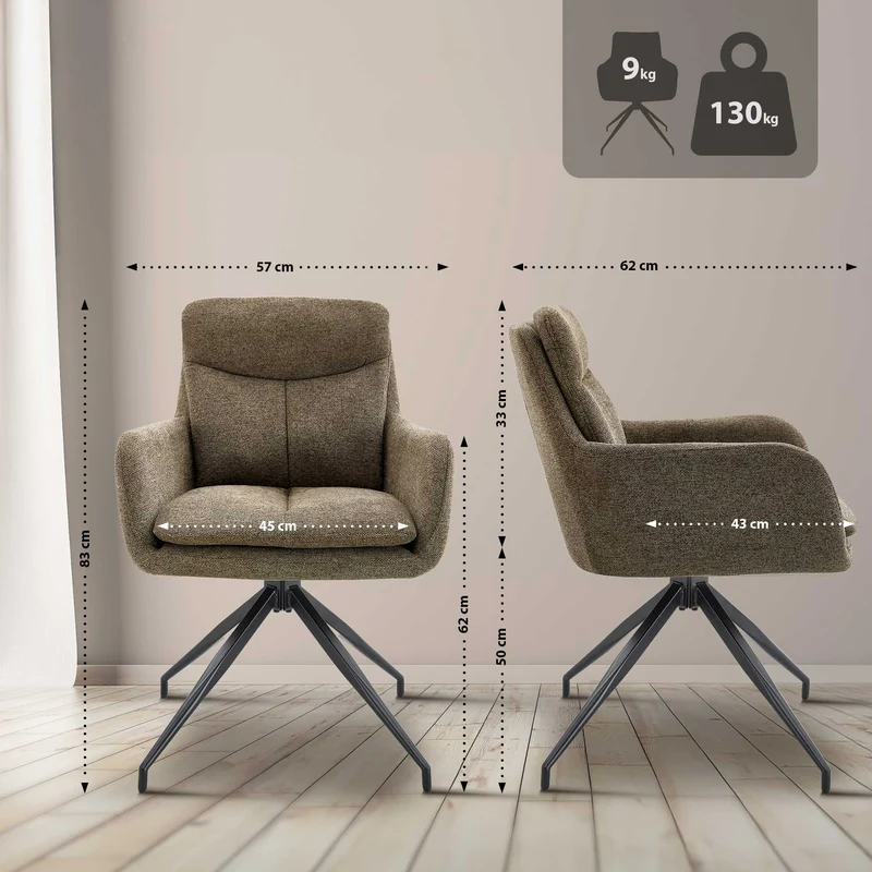 Chaise de salle à manger pivotant 180° en tissu marron avec accoudoirs et piètement métal 10_0007557
