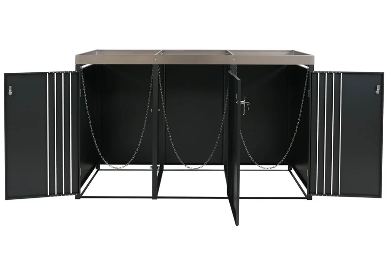 Cache-poubelles pour 3 bacs abri pour poubelles en métal avec bac à plantes 125x196x84 cm, env. 75 kg anthracite aspect bois clair 04_0009318