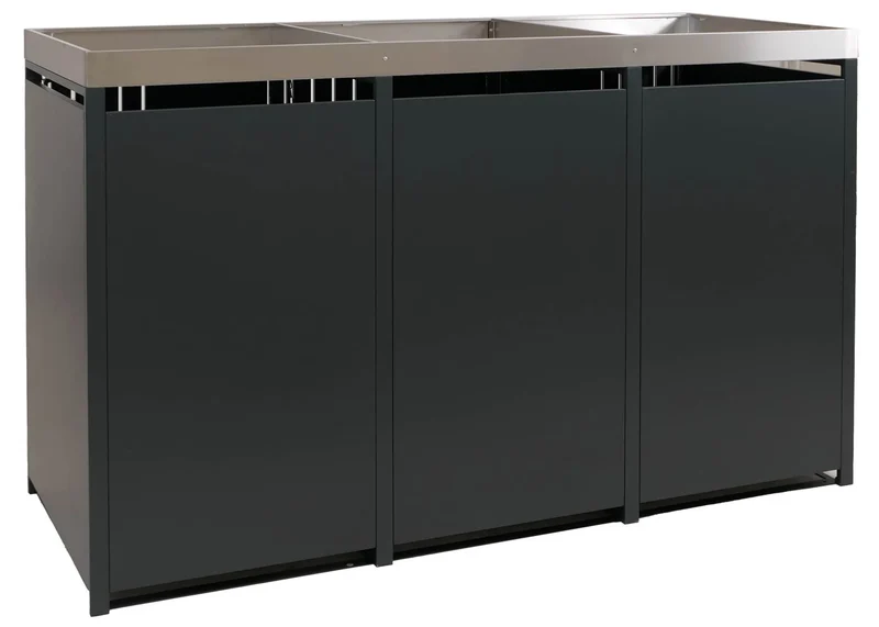 Cache-poubelles pour 3 bacs abri pour poubelles en métal avec bac à plantes 125x196x84 cm, env. 75 kg anthracite aspect bois clair 04_0009318