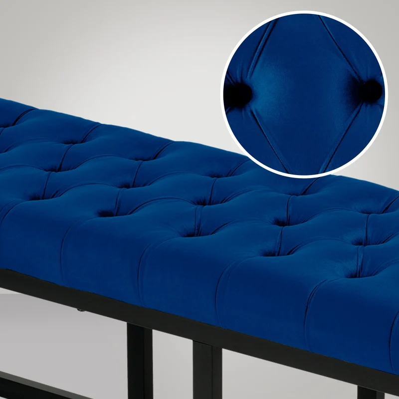 Banquette banc bout de lit longueur 150 cm en velours capitonné en velours bleu et métal noir 10_0003668