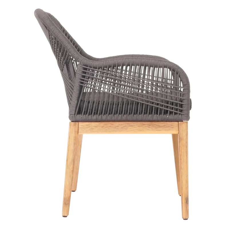 Chaise de jardin moderne résistant aux intempériese en bois d’acacia dossier arrondi en corde tressée gris coussin gris foncé 04_0010102
