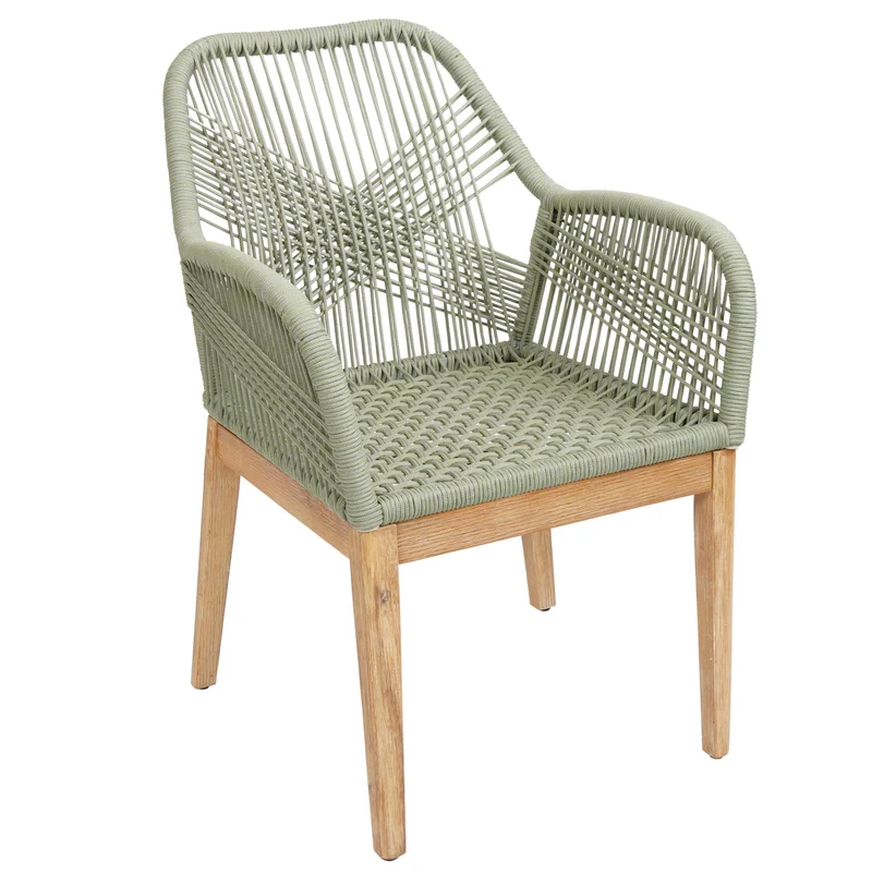 Chaise de jardin moderne résistant aux intempériese en bois d’acacia dossier arrondi en corde tressée vert coussin vert 04_0009625