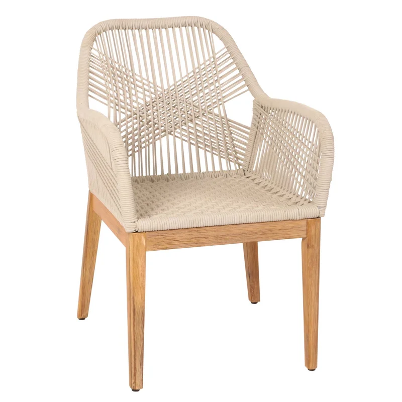 Lot de 2 chaises de jardin moderne résistant aux intempériese en bois d’acacia dossier arrondi en corde tressée crème coussin crème 04_0010098