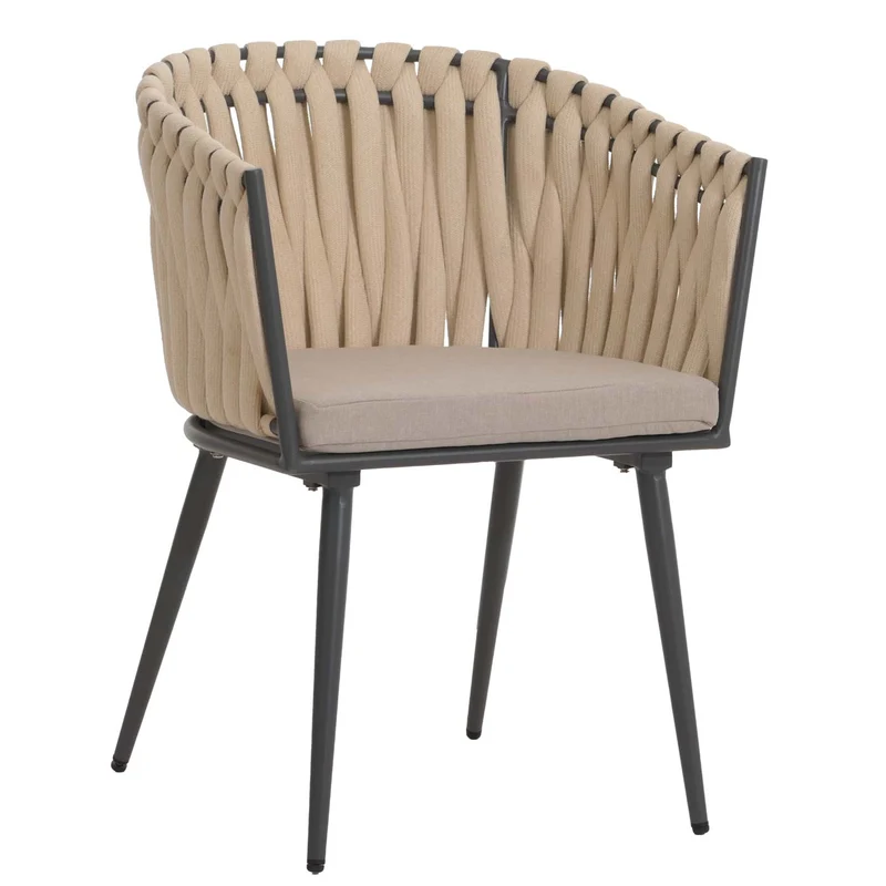 Lot de 6 chaises de salle à manger en aluminium corde tressée crème et coussins marron clair 04_0009744
