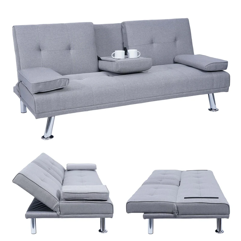 Canapé 3 places convertible avec porte-gobelets rabattables dossier réglable 166 x 97 cm tissu gris clair 04_0010965