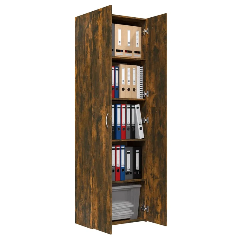 Meuble de bureau armoire de rangement 5 compartiments avec deux portes couleur chêne fumé 60 x 32 x 190 cm bois d'ingénierie brun DEC024462