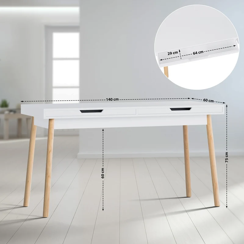 Bureau moderne blanc et chêne avec deux tiroirs 140 cm – Style scandinave 10_0009195