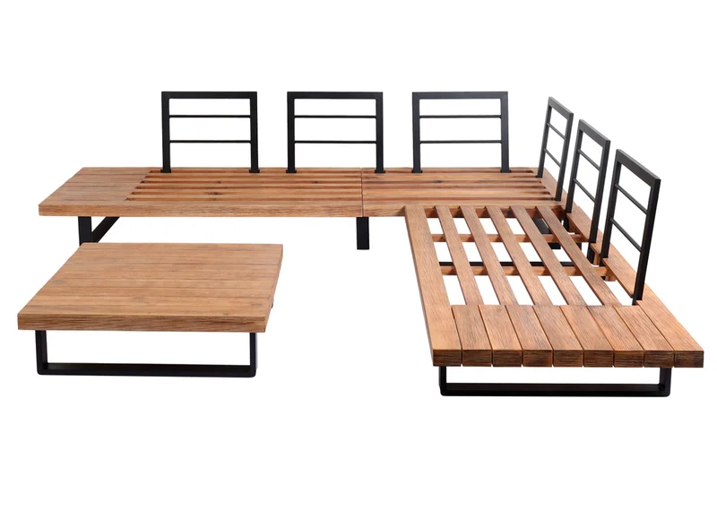 Salon de jardin ensemble lounge 5 places 255x255 cm aluminium et bois d’acacia avec coussins crème 04_0010286