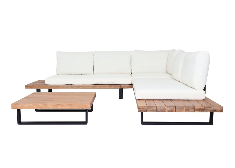 Salon de jardin ensemble lounge 5 places 255x255 cm aluminium et bois d’acacia avec coussins crème 04_0010286