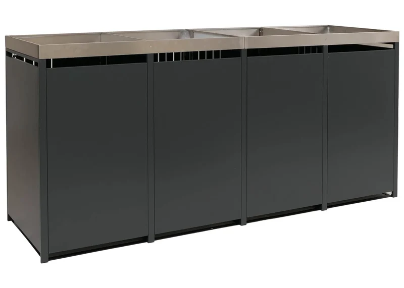 Abri pour 4 poubelles avec bac à plantes coffre poubelles 125 x 260 x 84 cm en métal anthracite aspect bois clair 04_0009314