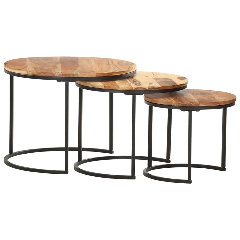 Ensemble de trois tables gigognes en bois d'acacia et fer DEC031322