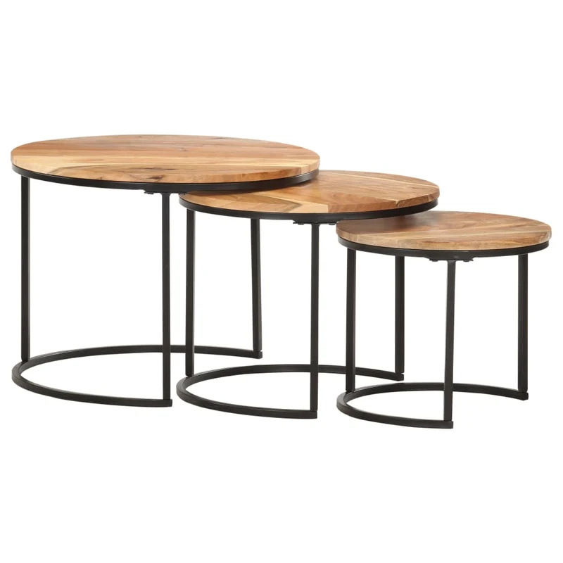 Ensemble de trois tables gigognes en bois d'acacia et fer DEC031322