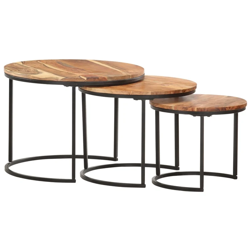 Ensemble de trois tables gigognes en bois d'acacia et fer DEC031322
