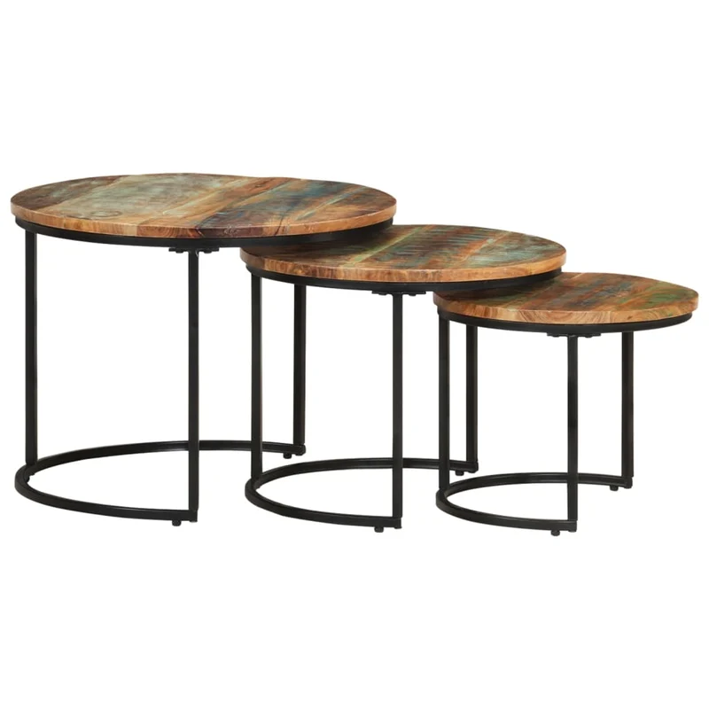 Set de 3 tables basse gigognes en bois de récupération massif et fer DEC031325