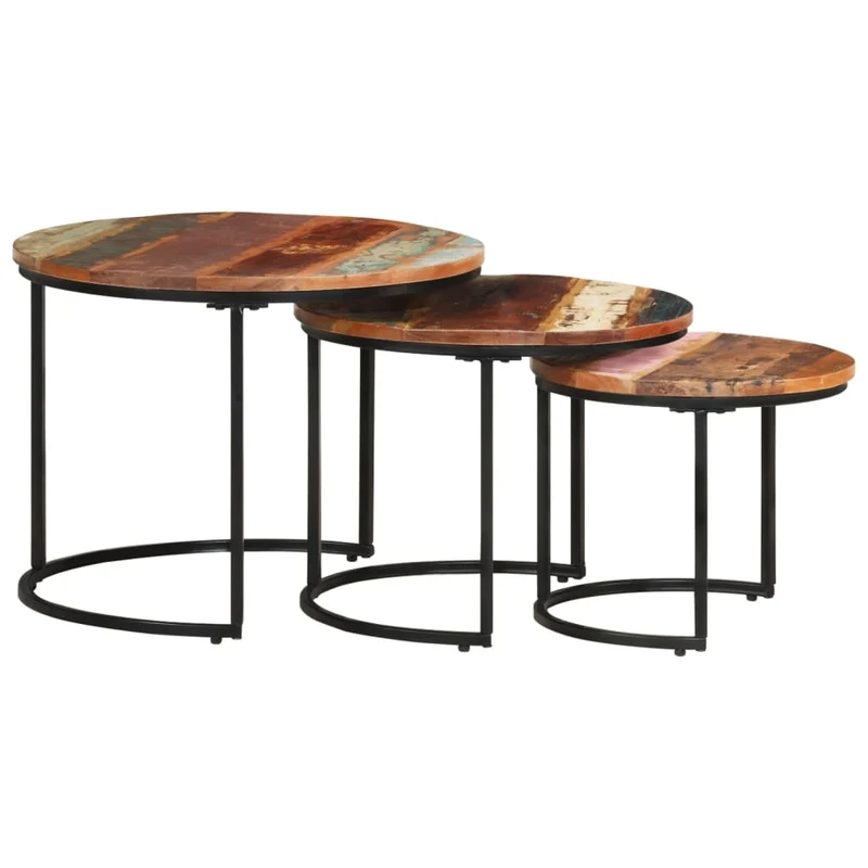 Set de 3 tables basse gigognes en bois de récupération massif et fer DEC031325