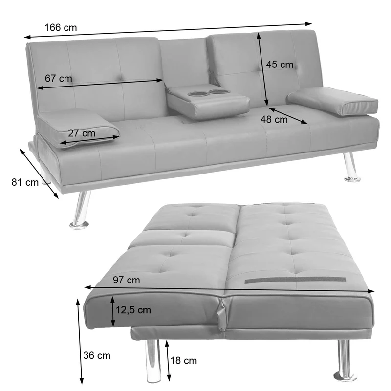 Canapé 3 places convertible avec porte-gobelets rabattables dossier réglable 166 x 97 cm similicuir noir 04_0010968