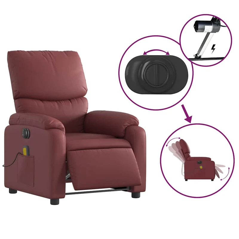 Fauteuil de relaxation TV fonction massage inclinable électrique 6 points de massage en PVC rouge bordeaux DEC027246