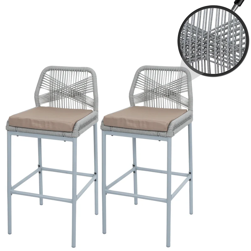 Lot de 2 tabourets de bar style moderne intérieur et extérieur en métal gris et tressage corde coussins taupe 04_0009636
