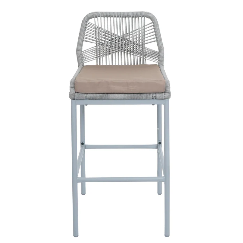 Lot de 2 tabourets de bar style moderne intérieur et extérieur en métal gris et tressage corde coussins taupe 04_0009636