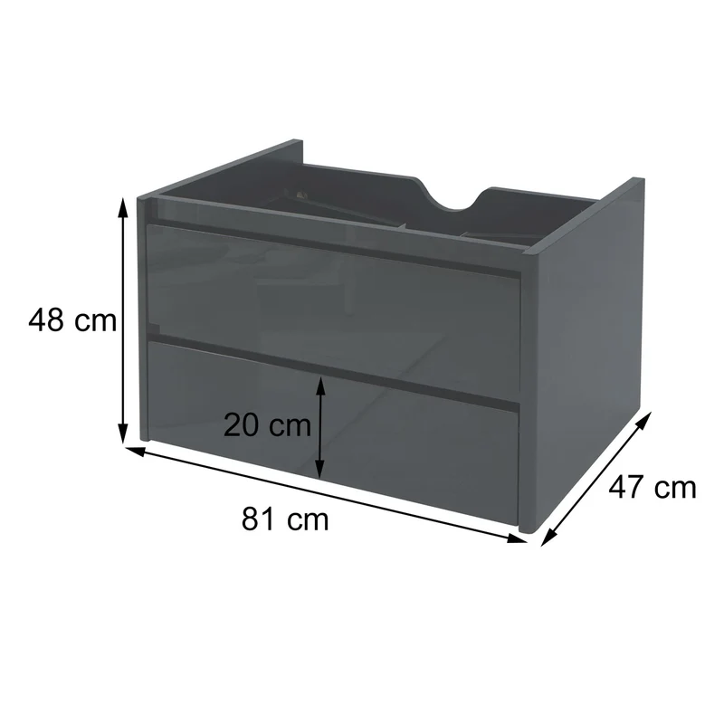 Meuble sous-vasque 80 cm suspendu 2 tiroirs Soft-Close encoche siphon meuble de salle de bain moderne contreplaqué noir brillant 04_0010540
