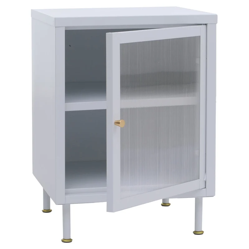 Table de chevet 2 compartiments de rangement style industriel 55x41x41 cm avec poignées dorées en métal blanc et verre structuré 04_0008859