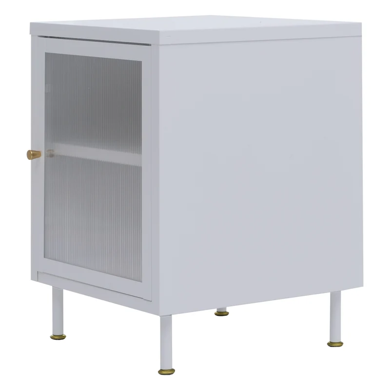 Table de chevet 2 compartiments de rangement style industriel 55x41x41 cm avec poignées dorées en métal blanc et verre structuré 04_0008859