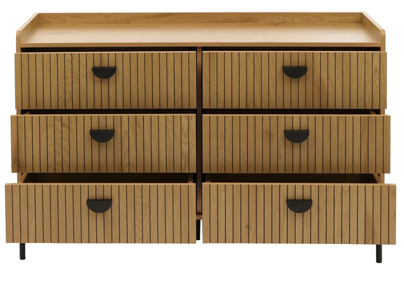 Commode avec 6 tiroirs façades à lamelles structure acier style moderne 80x120x44 cm en MDF mélaminé finition naturelle 04_0009432
