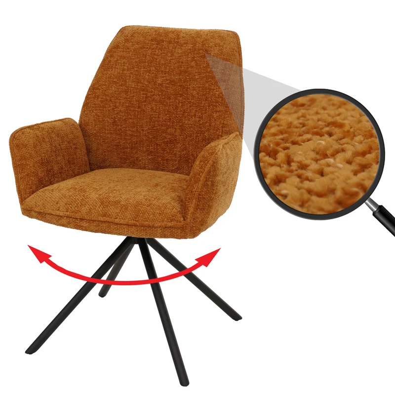 Chaise de salle à manger pivotante avec accoudoirs fonction Auto-Position 180° en chenille jaune moutarde piètement métal 04_0009239