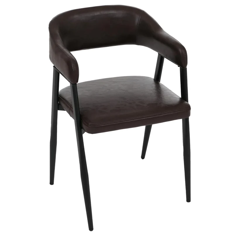 Lot de 2 chaises de salle à manger style industriel rétro avec accoudoirs en métal et similicuir brun foncé 04_0008985
