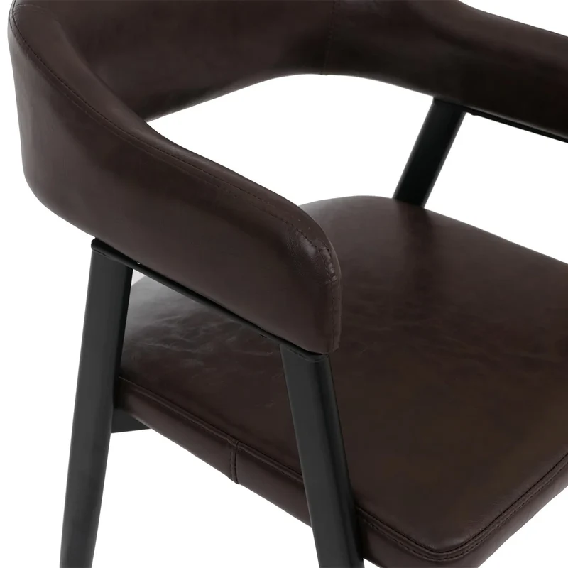 Lot de 2 chaises de salle à manger style industriel rétro avec accoudoirs en métal et similicuir brun foncé 04_0008985
