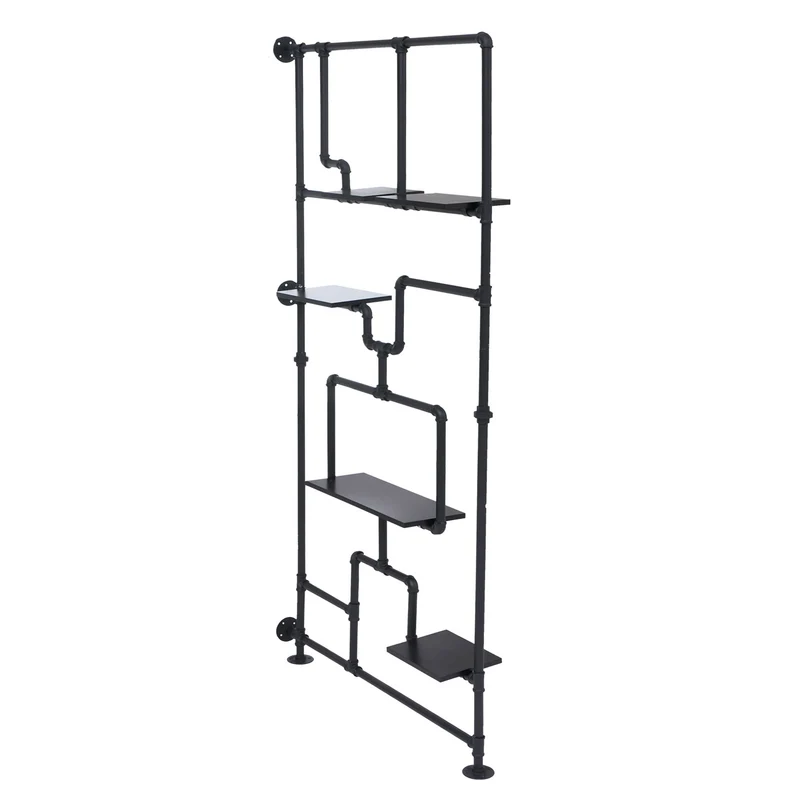 Étagère séparateur de pièce style industriel 203 cm avec 5 niveaux en métal et bois mélaminé noir 04_0008763