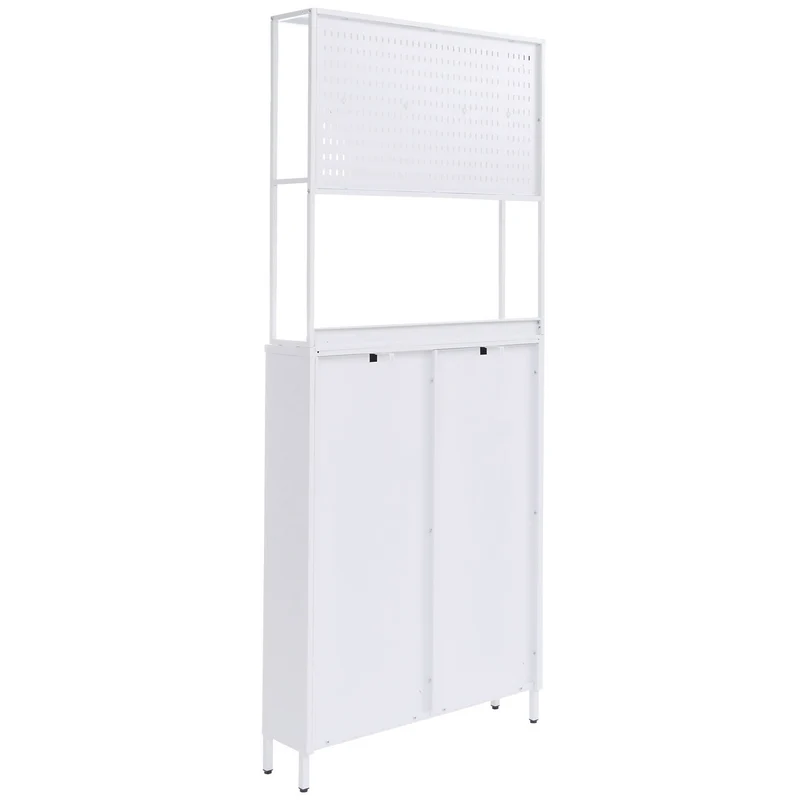 Meuble à chaussures avec 3 compartiments basculants armoire à chaussures avec étagère et crochets 201x80x20 cm en métal blanc 04_0008883