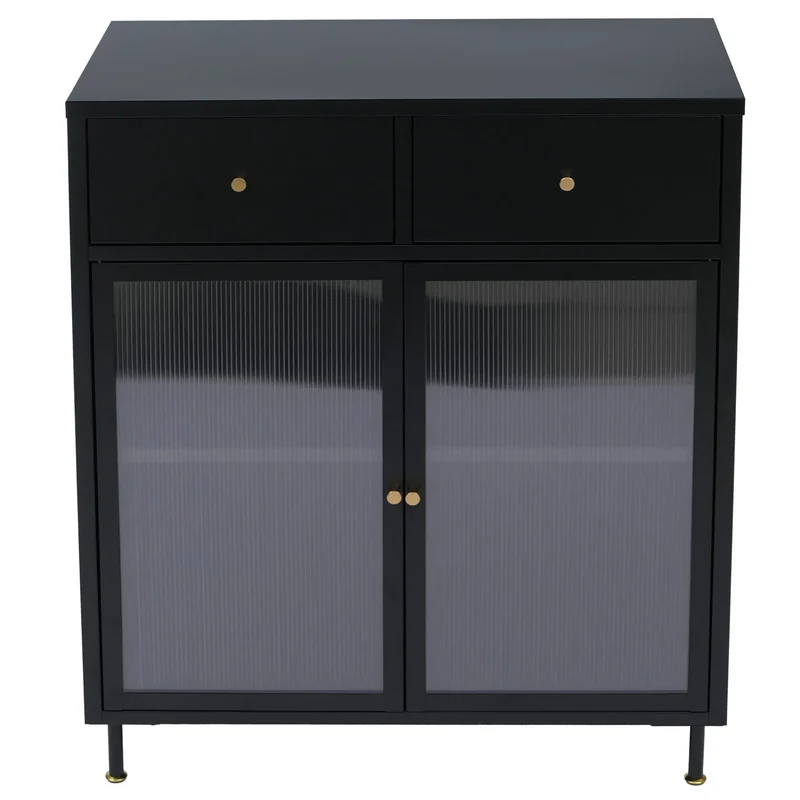 Commode industrielle en métal noir avec portes en verre strié 2 tiroirs et étagère réglable 96x80x40 cm 04_0008874